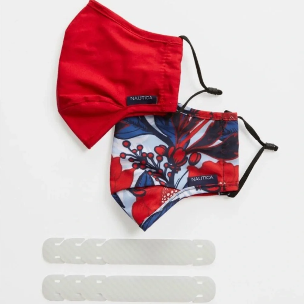 BEAUTIFUL 2 Packs Nautica Floral & Solid Reusable Face Mask w/ extenders 4 masks